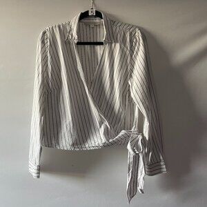 Loft Womens Black White Striped Long Sleeve Wrap Blouse Top Size Medium